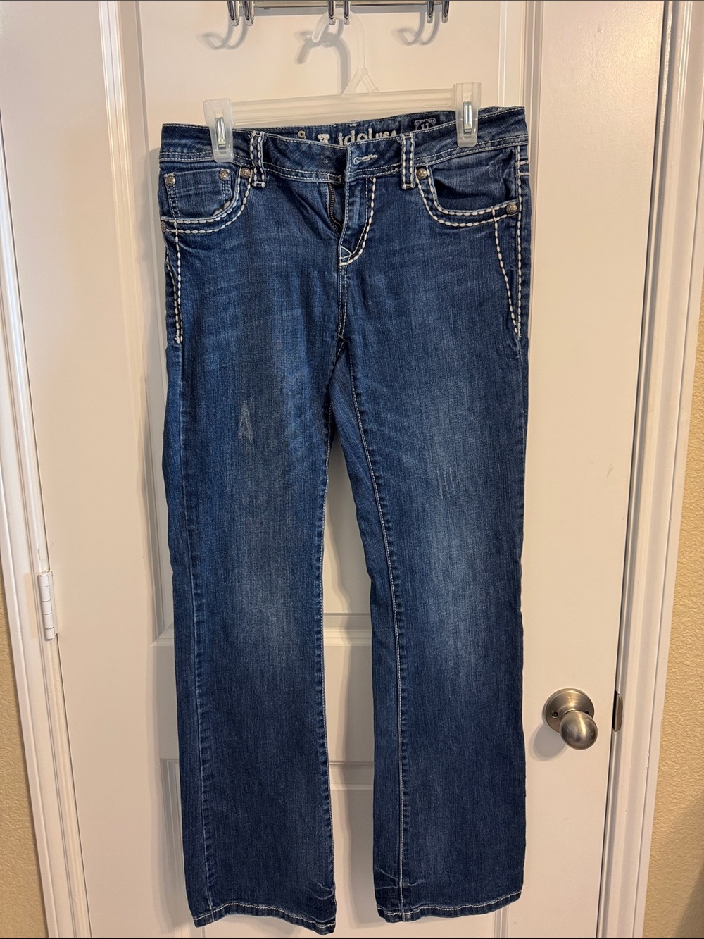 L.A. idol Women's Dark Blue Boot Cut Jeans with White Contrast Stitching